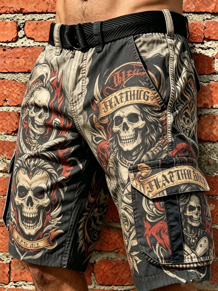 Corteiz Cargo Pant - メンズロックパンクスタイルカーゴショーツ、スカルと炎のグラフィックプリント、ルーズフィット、バギーパンツ、ベルト付き、ヴィンテージ、モーターサイクルショーツ