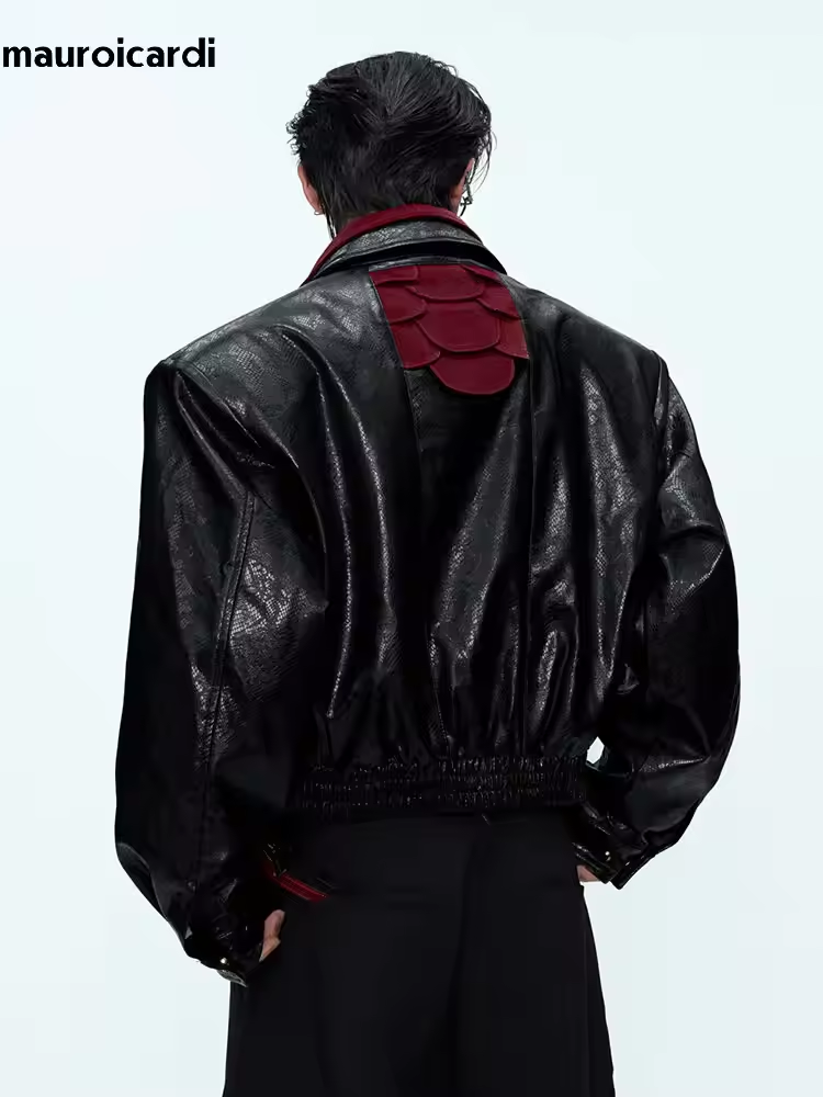 Streetwear Clothing Brand - Mauroicardi 春秋パッチワークショートスネークスキンプリント Pu レザージャケット男性高級ブランドオリジナルエモストリートウェア服