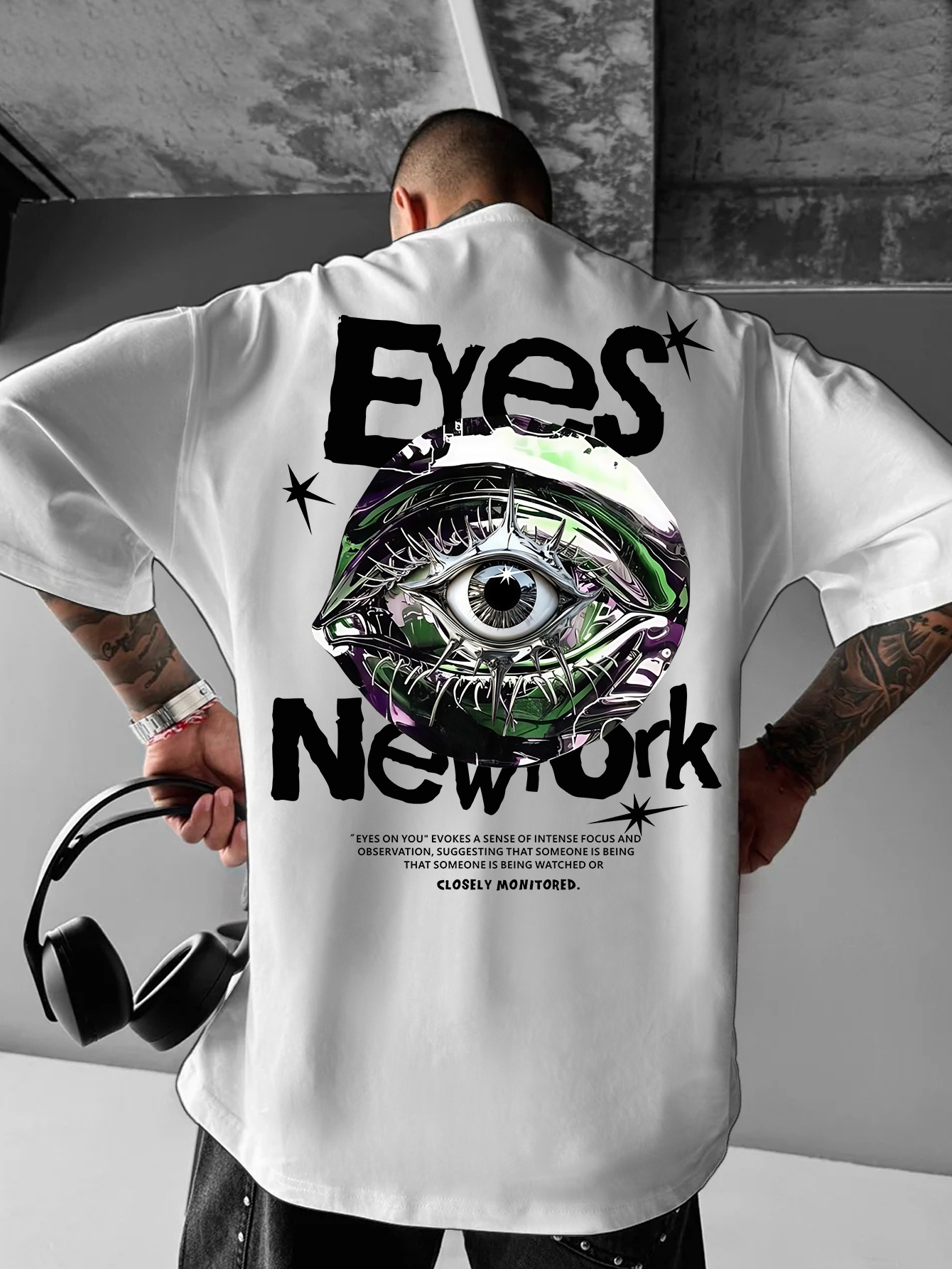 Streetwear Brand New York - メンズオーバーサイズニューヨークゴシックストリートウェアTシャツブランド Eyes New York メタルスパイク邪眼グラフィックプリントルーズフィットコットンショートパンツ